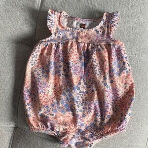 TEA Collection Peach / Pink and Blue Floral Romper One Piece / size 3-6 months